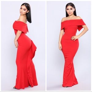 Red Off The Shoulder Ruffle Train Mermaid Gown